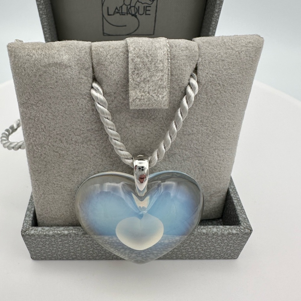Lalique Sterling Silver Crystal Heart Pendant Cord Necklace-Opaque White